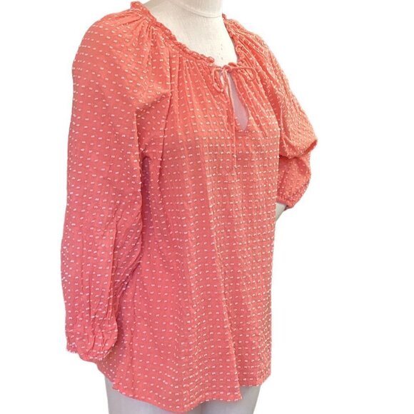 LOFT Cotton Textured-Swiss Dot Peasant Blouse Sz L Coral 36P - Picture 2 of 8